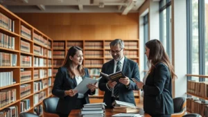 Professional legal professionals in a modern law library discussing case materials and law books, natural lighting, collaborative atmosphere