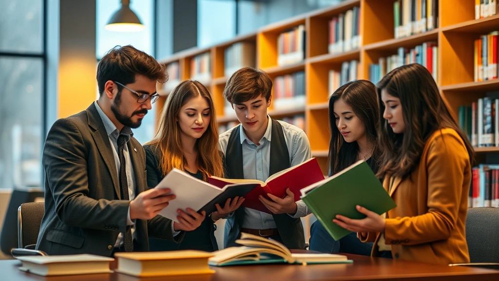 Diverse group of law students collaborating on legal research and case analysis in a contemporary academic library setting, warm lighting