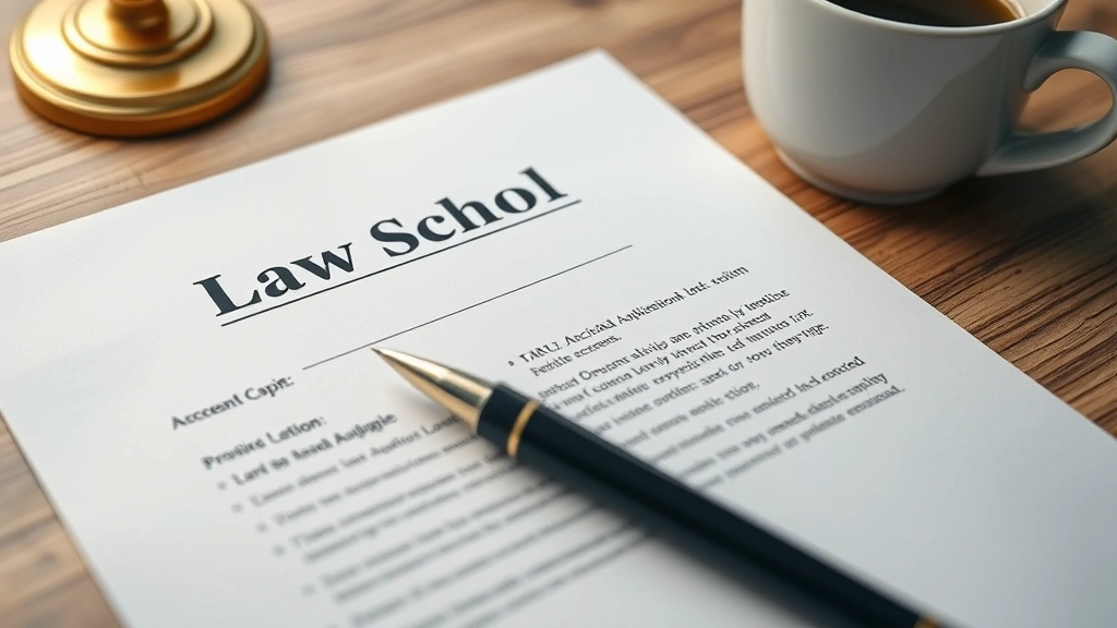Close-up of law school application materials and acceptance letter on desk with pen and coffee cup, professional workspace