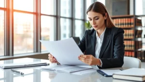 Professional woman attorney in business suit reviewing legal documents at modern office desk with law books visible in background, natural lighting from large windows
