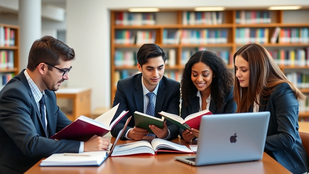Diverse group of law students in business casual attire studying together at library table with open textbooks and laptops, collaborative learning environment