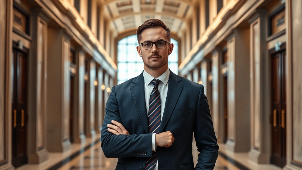 Male attorney in formal business suit standing confidently in modern courthouse hallway with professional architectural details, authoritative legal professional appearance