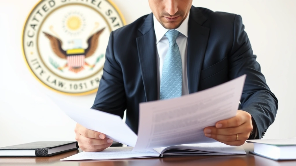 Professional male lawyer in business suit reviewing legal documents at desk with Hawaii state seal visible in background, serious expression, natural lighting