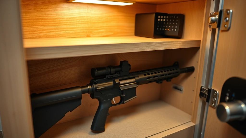 Organized home safe cabinet with locked firearm storage compartment, close-up of security lock mechanism, professional security equipment setup