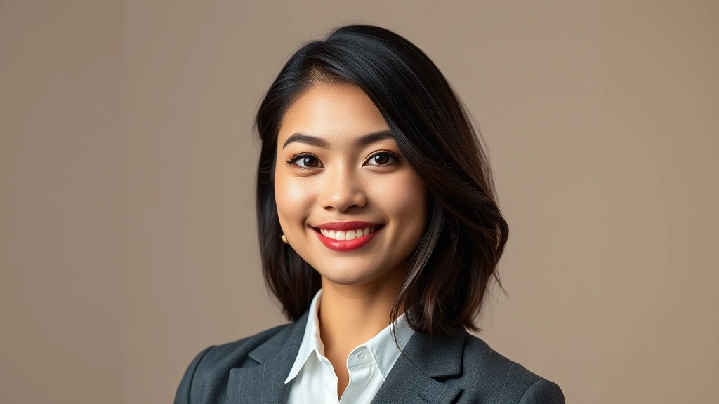 Professional headshot of a confident young woman with dark hair in modern studio lighting, wearing contemporary business casual attire, neutral background, professional portrait style photography