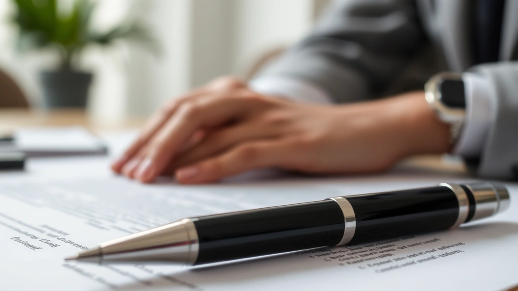 Close-up of contract documents and pen on desk with soft focus background, showing professional paperwork and legal agreements in neutral office setting