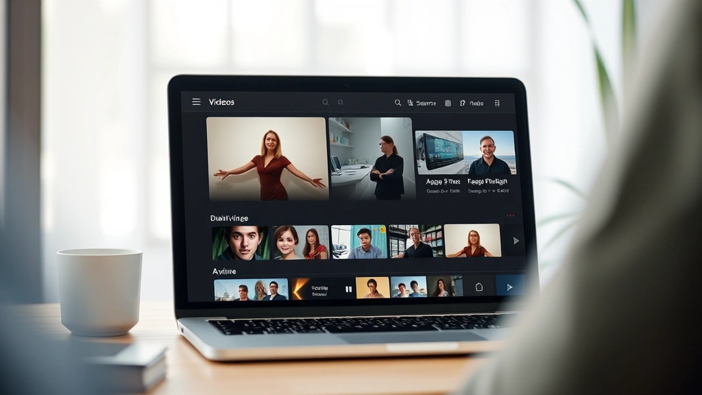 Modern streaming service interface display on tablet or laptop screen showing video content thumbnails and playback controls, minimalist tech aesthetic, professional environment