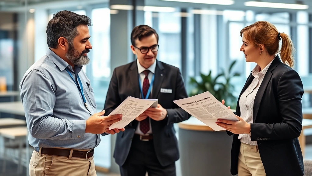 Business owner or manager meeting with health inspector in office setting, reviewing violation documentation and corrective action requirements, professional attire, collaborative discussion atmosphere, modern office backdrop