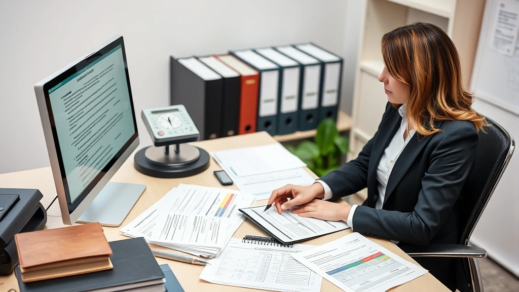 Legal professional reviewing health code regulations and compliance documents at desk, computer displaying regulatory text, organized filing system, professional law office environment, focused analytical work