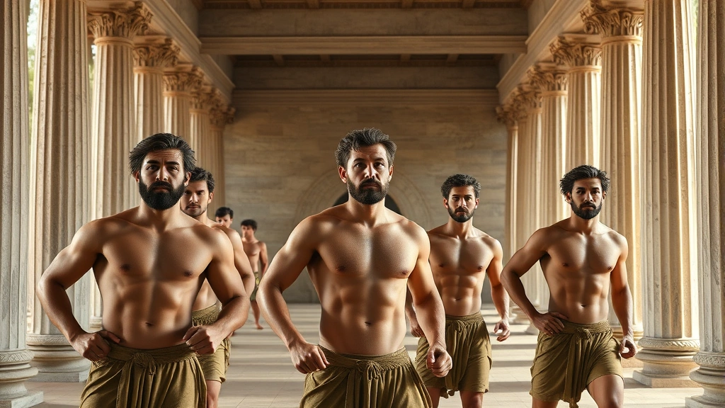 Ancient Greek male athletes training in a gymnasium with classical architecture, muscular physiques, natural lighting from columns, focused expressions, no text or signage visible, photorealistic rendering