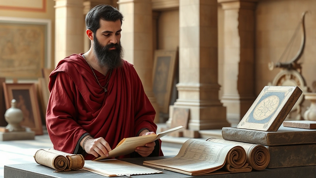 Hellenistic magistrate or official in classical robes examining community standards, professional setting with ancient scrolls and tablets, authoritative demeanor, natural Mediterranean light, no visible text on documents
