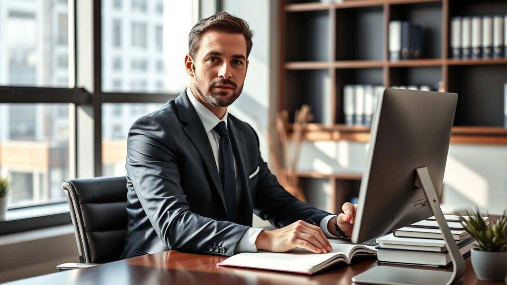 Professional male attorney in business suit working at modern law office desk with law books and computer, natural lighting from window, confident focused expression, modern office environment with contemporary furnishings