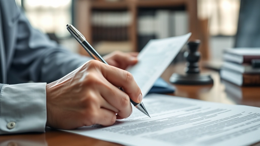 Close-up of attorney reviewing legal documents and contract pages at desk with pen in hand, professional workspace with law firm office background blurred, focused concentration on paperwork