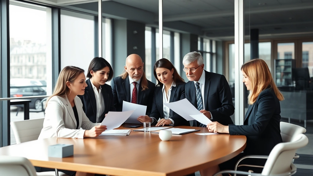 Diverse team of attorneys collaborating in modern law firm conference room, reviewing documents together, professional business attire, collaborative discussion environment with glass walls and contemporary design