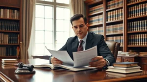 Professional lawyer in formal suit reviewing legal documents at mahogany desk in modern law office with law books on shelves, natural window light, serious concentrated expression, photorealistic