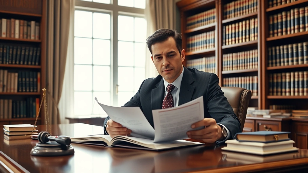 Professional lawyer in formal suit reviewing legal documents at mahogany desk in modern law office with law books on shelves, natural window light, serious concentrated expression, photorealistic
