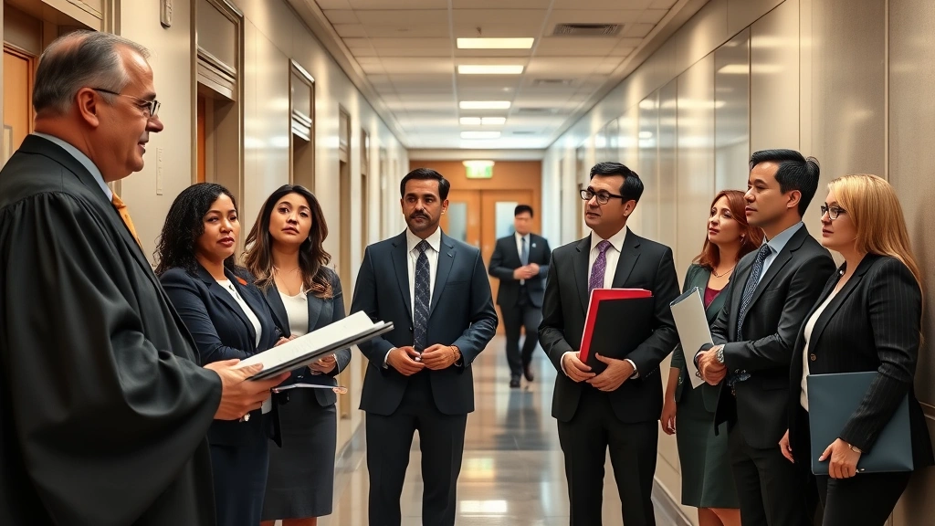 Diverse group of professionals including judge, attorney, and legal staff in courthouse hallway discussing case strategy, professional attire, collaborative atmosphere, photorealistic