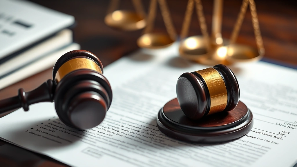 Close-up of gavel on legal pad with scales of justice symbol visible, representing judicial authority and legal controls, professional lighting, photorealistic