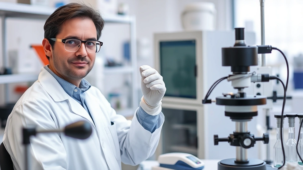 Professional chemist in laboratory conducting calorimetry experiment with modern equipment, precise measurement instruments, focused expression, clean white lab coat, scientific setting