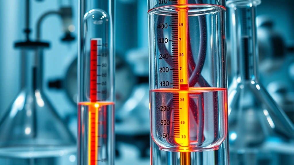 Close-up of thermometer and chemical apparatus showing exothermic reaction with visible heat release, professional laboratory environment, precise measurement tools, detailed equipment