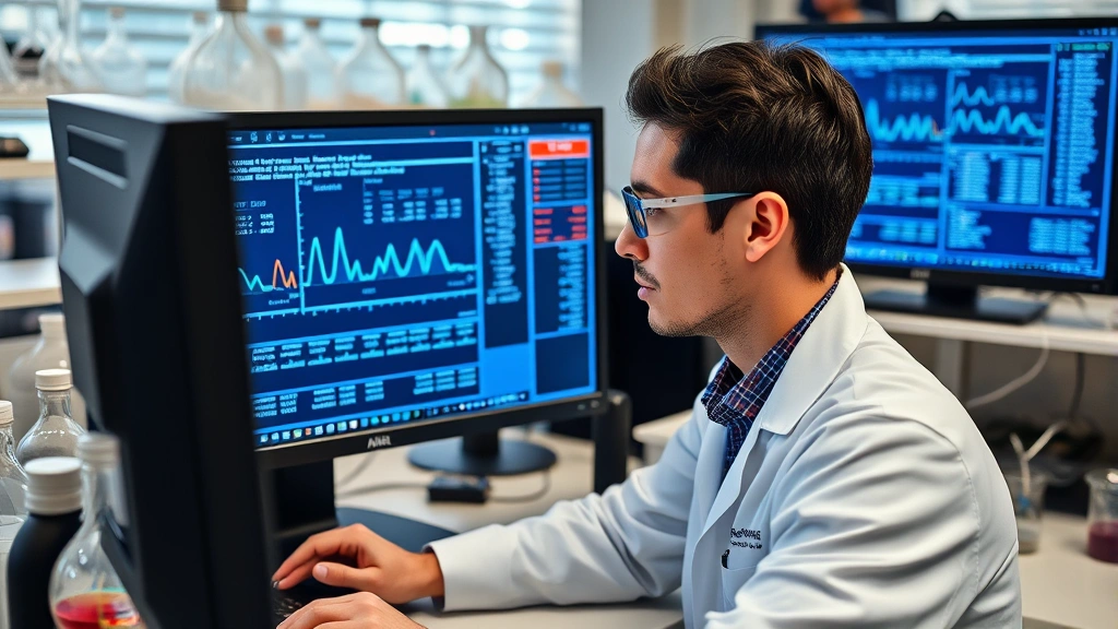Chemistry student or professional analyzing thermochemical data on computer screen showing graphs and calculations, modern laboratory setting, professional appearance, concentration on work
