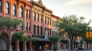Professional photograph of historic downtown Phoenix architecture featuring early 1900s brick buildings with ornate details and period storefronts, showing preserved streetscape with mature trees and authentic period character, daytime lighting, no text or signage visible