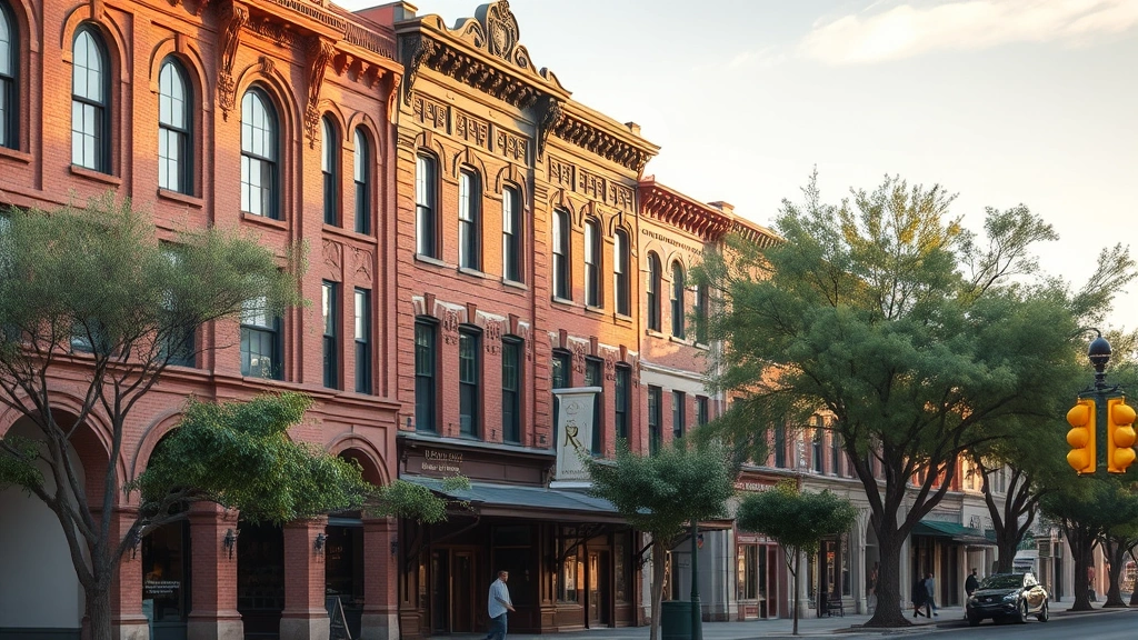 Professional photograph of historic downtown Phoenix architecture featuring early 1900s brick buildings with ornate details and period storefronts, showing preserved streetscape with mature trees and authentic period character, daytime lighting, no text or signage visible