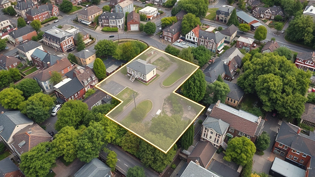 Overhead view of mixed urban neighborhood showing historic preservation district boundaries with older residential buildings and established mature landscaping, contemporary professional planning photo style, no maps or text overlay