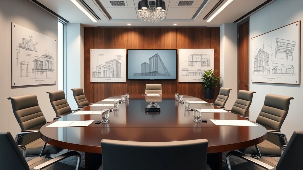Interior photograph of formal architectural review board meeting room with professional table setup, documents, and architectural drawings visible on walls, professional business environment without identifying information