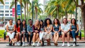 Professional photograph of a diverse group of people sitting on a public bench in an urban Florida park setting, showing various individuals in casual clothing, daytime lighting, realistic street scene without signage