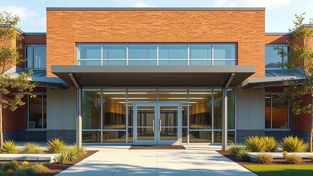Realistic image of a modern public library or community center entrance with glass doors and welcoming architecture, showing the exterior during daytime with natural lighting and landscaping