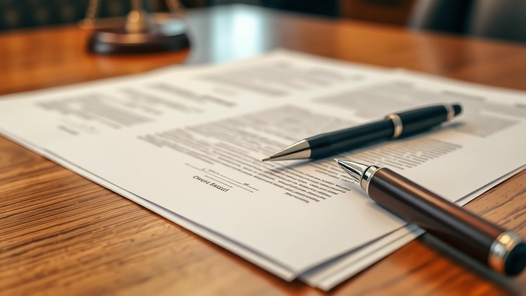 Professional photograph of legal documents and a pen on a wooden desk, showing pages of contracts or forms in a law office setting, close-up detail shot, warm indoor lighting, no visible text on documents