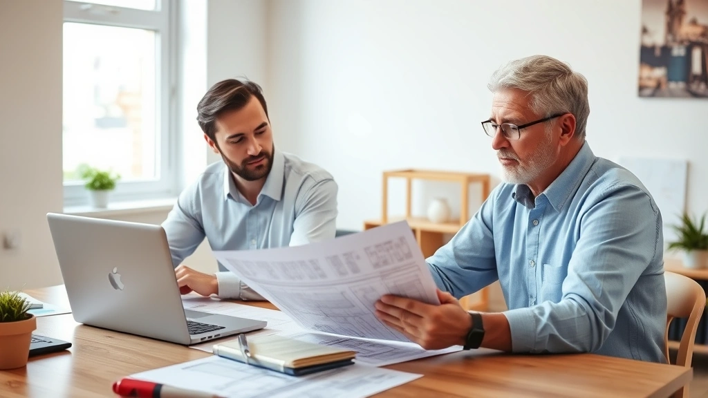 Professional architect and homeowner reviewing building permits and zoning documents at a desk with laptop and architectural plans, natural office lighting, focused discussion about property regulations
