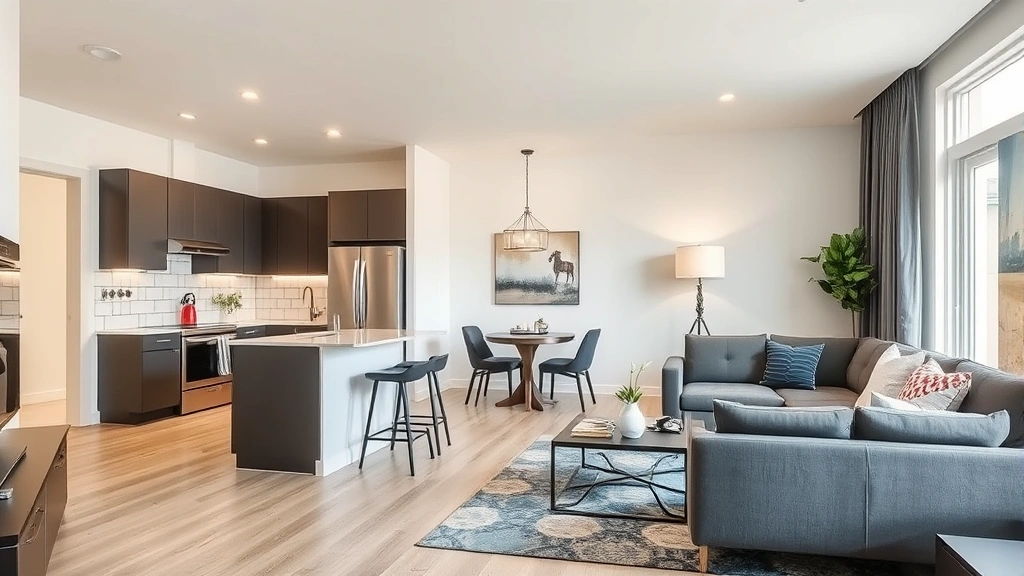 Modern mother-in-law suite interior showing separate kitchen and living space with independent entrance, professional real estate photography, well-lit contemporary design