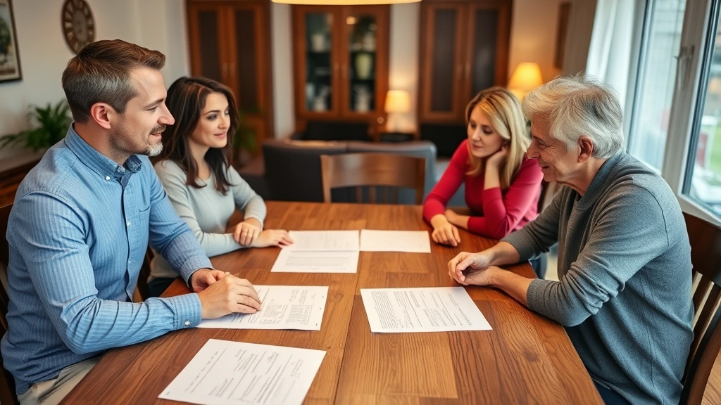 Family meeting around dining table with legal documents and written agreement visible, discussing property arrangement, warm residential setting, professional but relatable atmosphere