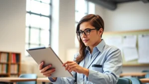 Professional educator reviewing digital educational materials on tablet in modern classroom setting, focused expression, natural lighting from windows, contemporary school environment