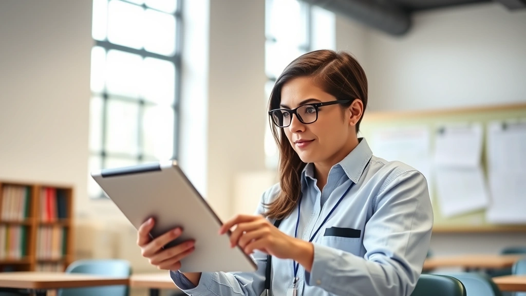 Professional educator reviewing digital educational materials on tablet in modern classroom setting, focused expression, natural lighting from windows, contemporary school environment
