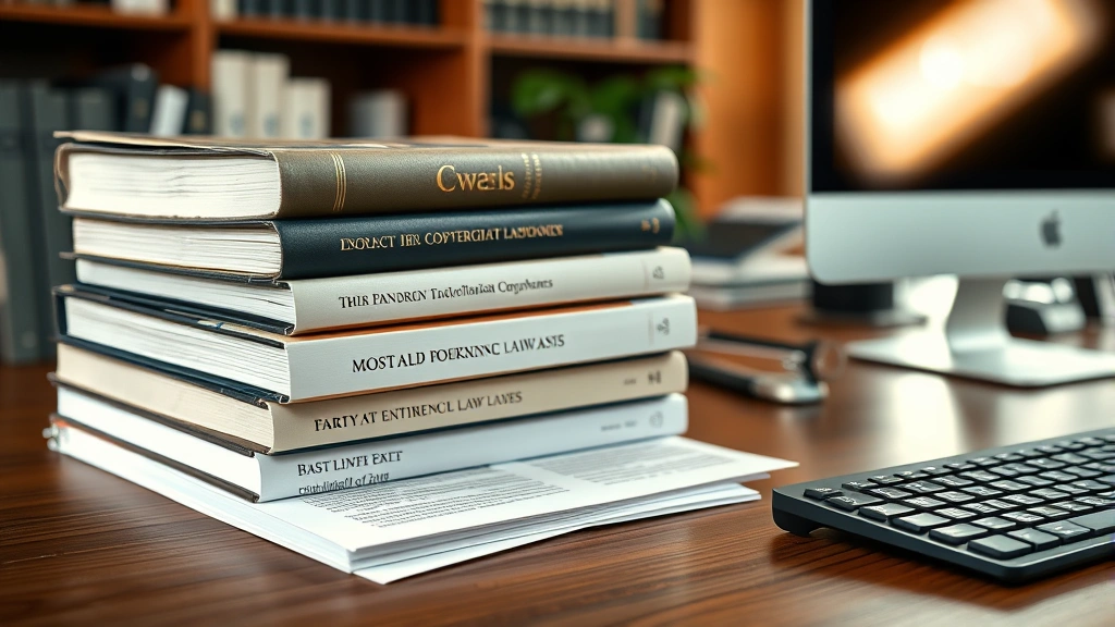 Law books and legal documents stacked on wooden desk with computer keyboard, representing copyright law and intellectual property, professional office setting, warm lighting