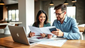 Professional couple reviewing travel documents and itinerary at modern dining table with laptop, passport, and map visible, warm natural lighting, focused expressions showing planning discussion