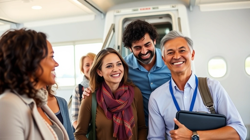 Diverse multigenerational family boarding commercial airplane together, warm professional atmosphere, smiling faces, airport terminal background, natural daylight through windows