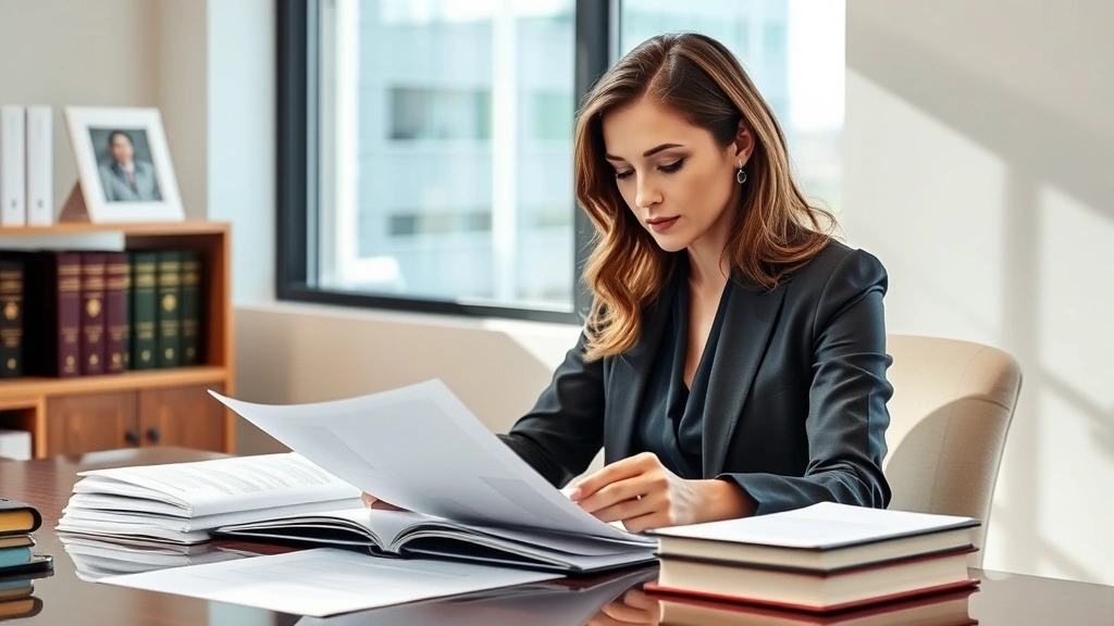 Female attorney in professional office reviewing contract documents at desk with legal books visible, wearing business attire, serious focused expression, natural window lighting