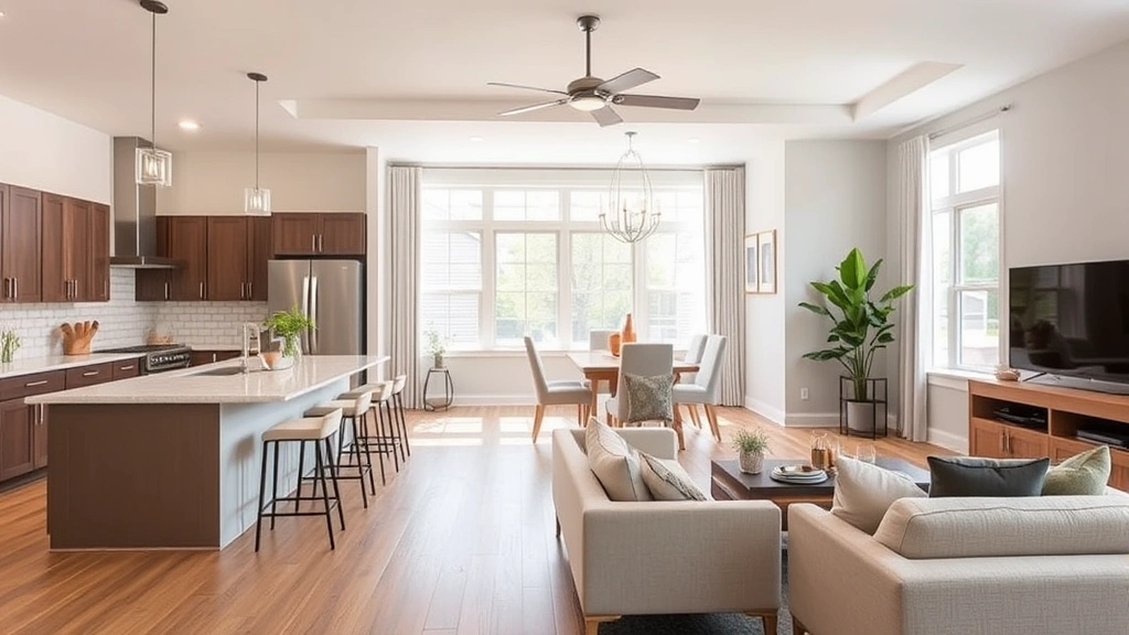 Interior view of a well-designed mother-in-law suite featuring open-concept living area with kitchen, dining space, and living room, neutral modern decor, professional staging, natural daylight from windows