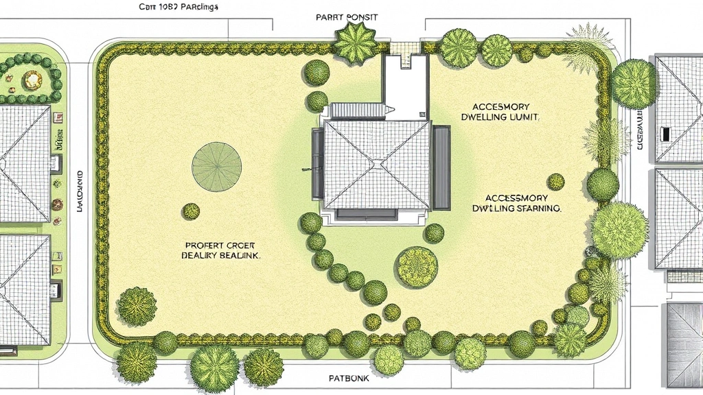 Overhead architectural site plan view of a residential property with an accessory dwelling unit clearly marked, showing setbacks, property lines, parking areas, and landscaping in professional technical illustration style
