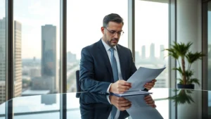 Professional male attorney in navy suit reviewing legal documents at modern glass desk in Houston downtown office, morning natural light from floor-to-ceiling windows showing city skyline, serious focused expression