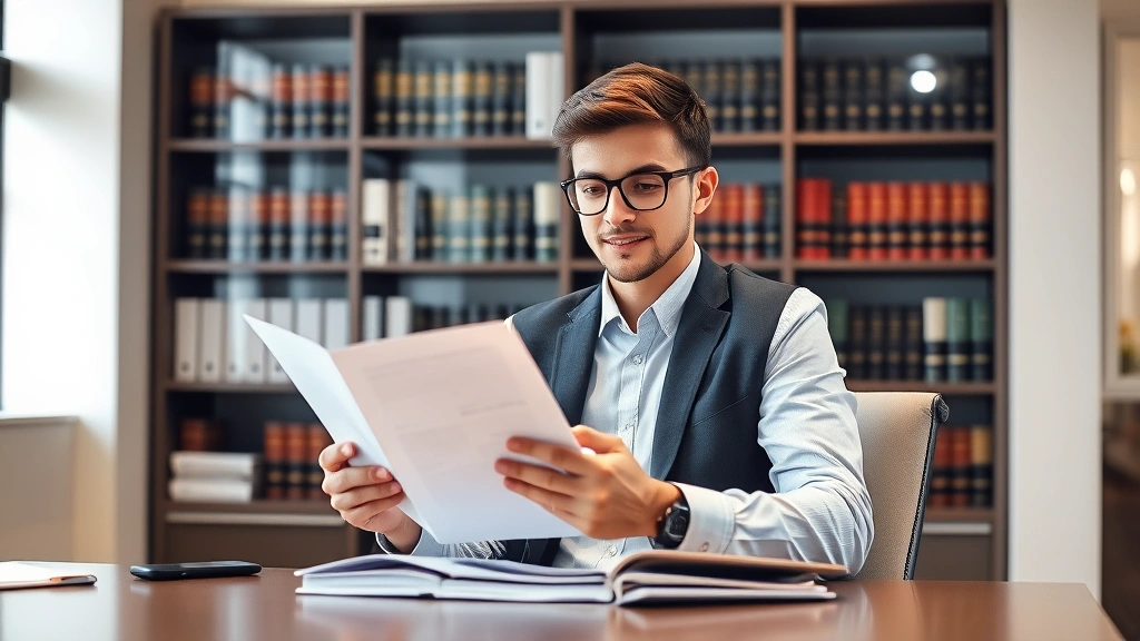 Recent law graduate in business casual attire reviewing legal documents at modern office desk, professional workspace with law library visible in background, confident demeanor