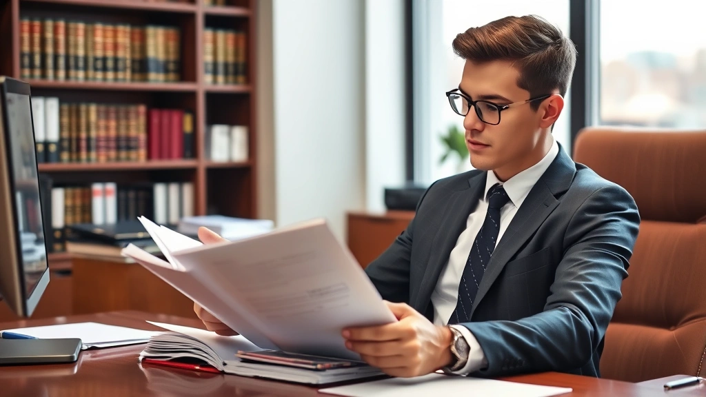 Young attorney in business attire reviewing case files at a desk in a law office, concentrated expression, professional workspace with legal books and computer, representing post-law school legal practice, realistic office setting