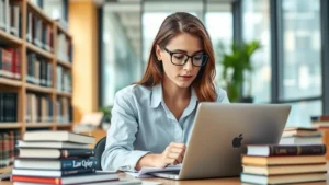 Professional law student studying in modern library surrounded by law books and laptop, focused expression, natural daylight from windows, clean academic environment
