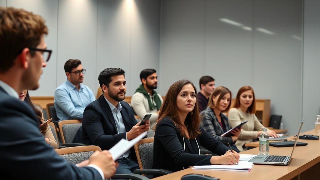 Diverse group of law students in classroom during lecture, taking notes, engaged with professor teaching at front, contemporary law school setting with technology