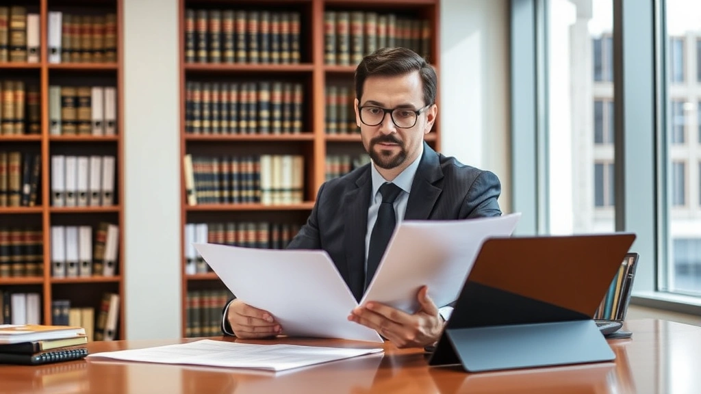 Lawyer in professional attire reviewing documents at desk in modern law office, shelves of legal references visible, confident professional atmosphere, daytime lighting