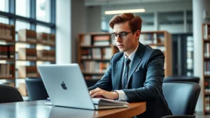 Professional law student studying at desk with law books and laptop in modern library setting, focused expression, natural lighting, contemporary legal education environment